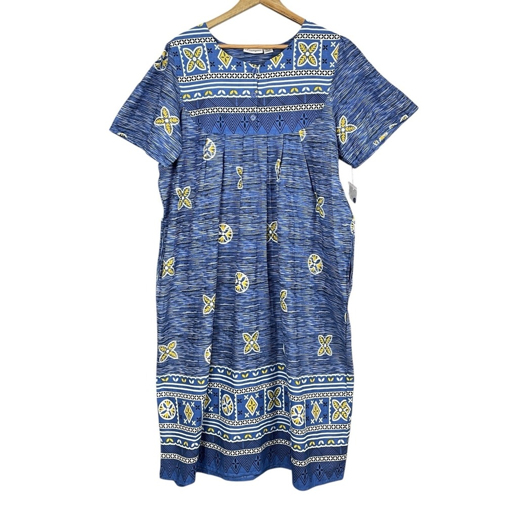 Vintage Loungees Hawaiian Print‎ Midi House Dress Womens 1X Pocket Kaftan Beach